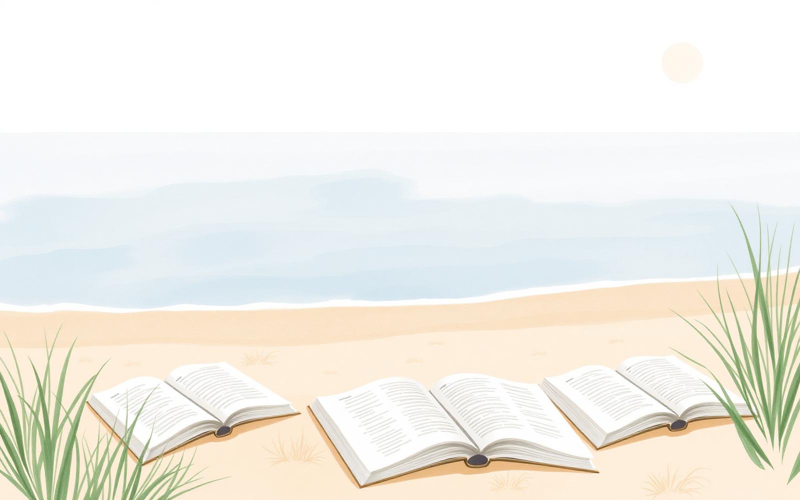 Open illustrated workbooks resting on a soft coastal shoreline